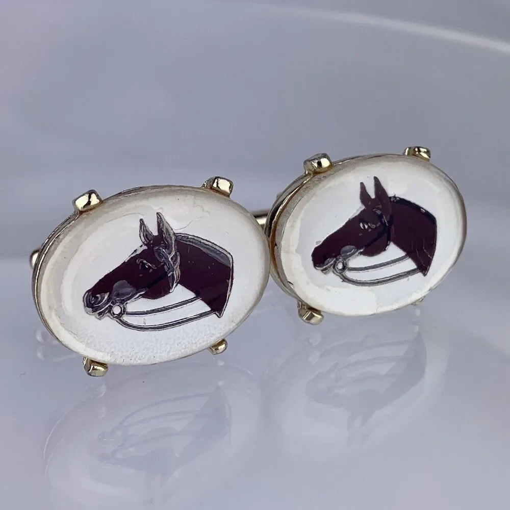 Horse Head Reverse Painted Intaglio Cufflinks Silver Tone Glass Equestrian VTG O